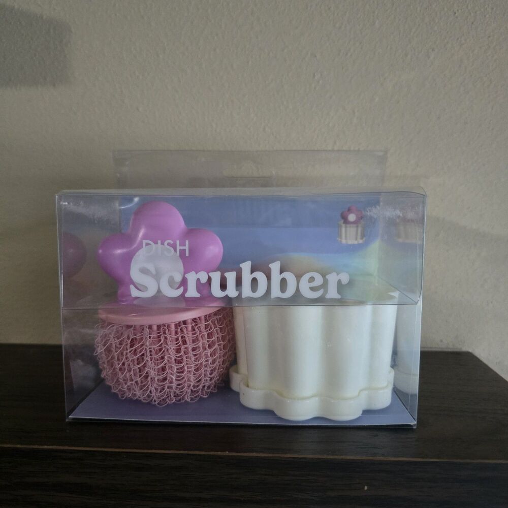 Floral Dish Scrubber With Handle and Holder Pink Yellow Plastic